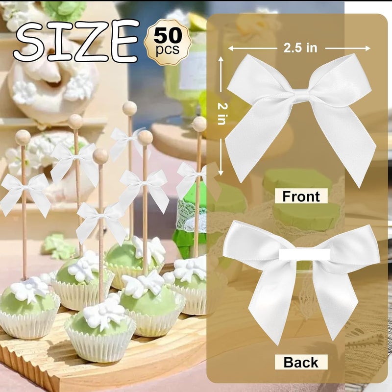 Sokfone White Satin Ribbon Bow Decor 2" Self Adhesive Premade Bows for Gift Wrapping Black Mini Bow for Treat Bags Party Favors Wedding Valentines Decorations - 50 pcs - Image 3